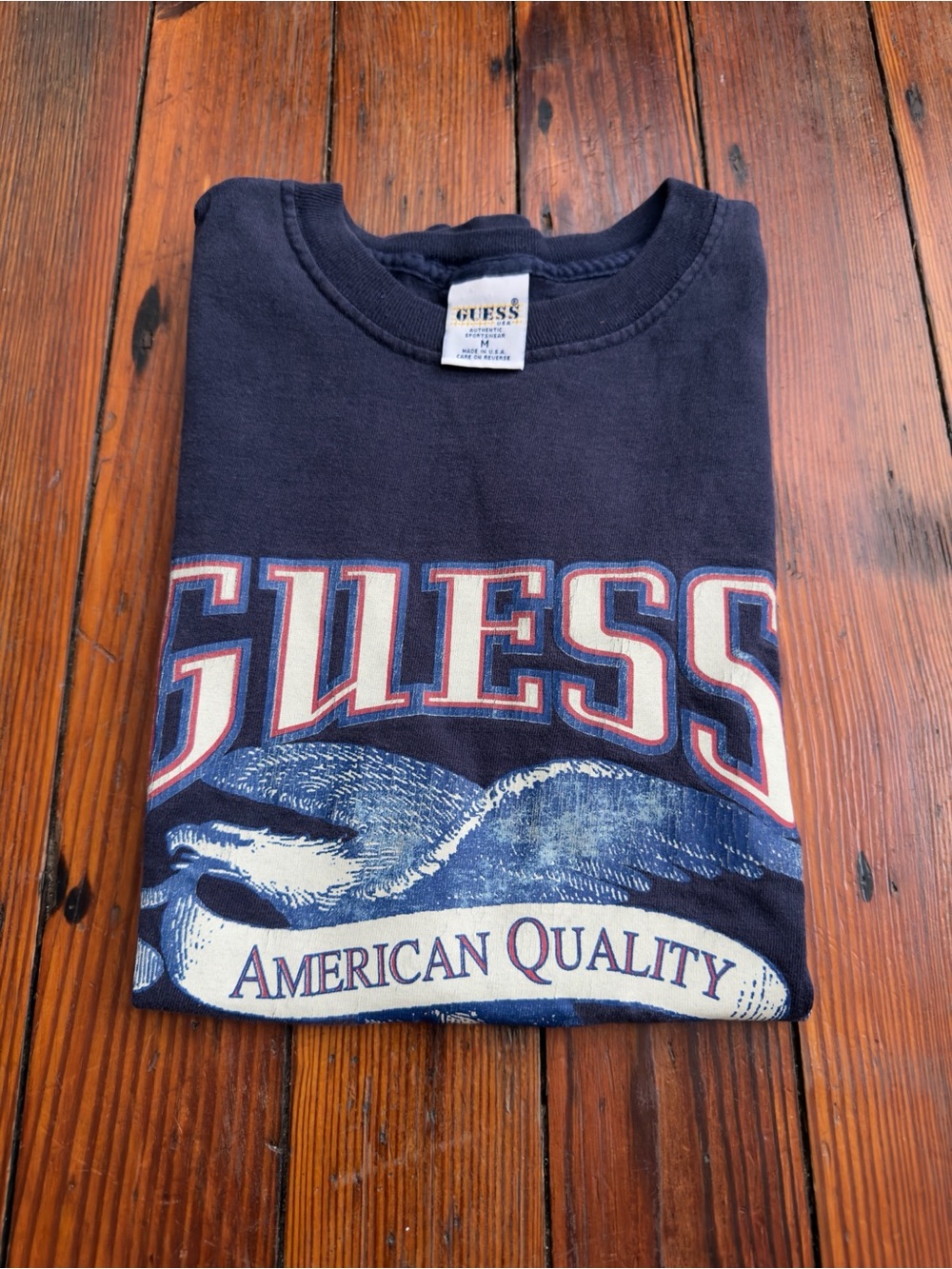 Vintage 90s Guess? logo American Quality eagle 100% cotton USA made navy t-shirt - Picture 7 of 8
